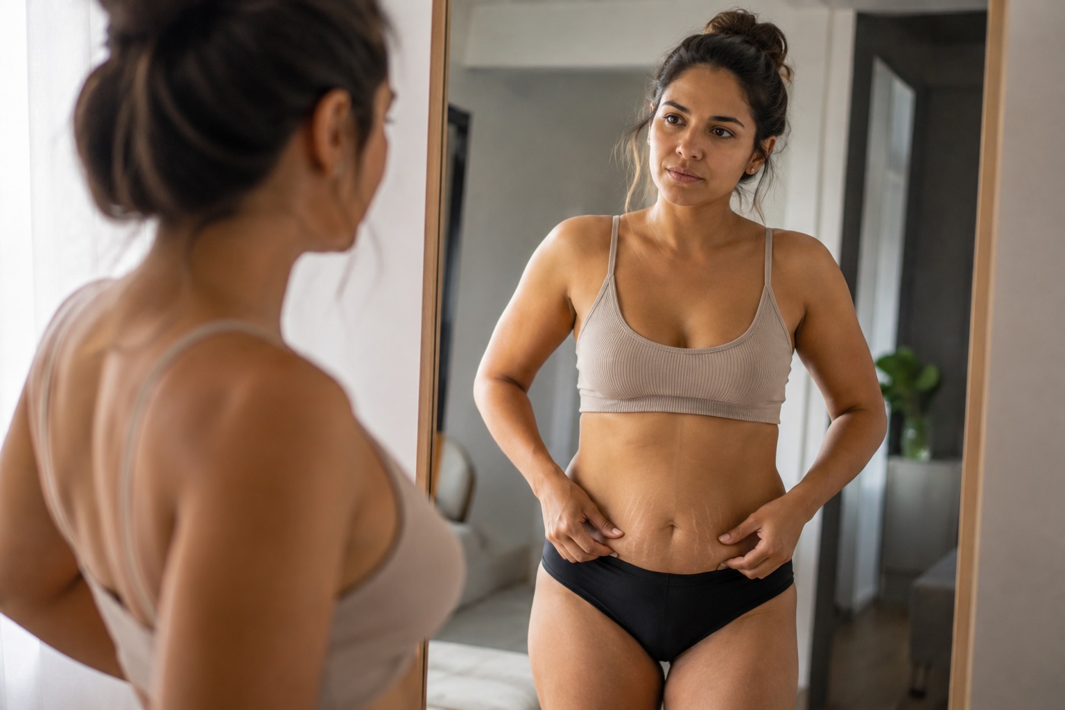 Mulher olhando o próprio abdome no espelho antes de uma abdominoplastia no Rio de Janeiro