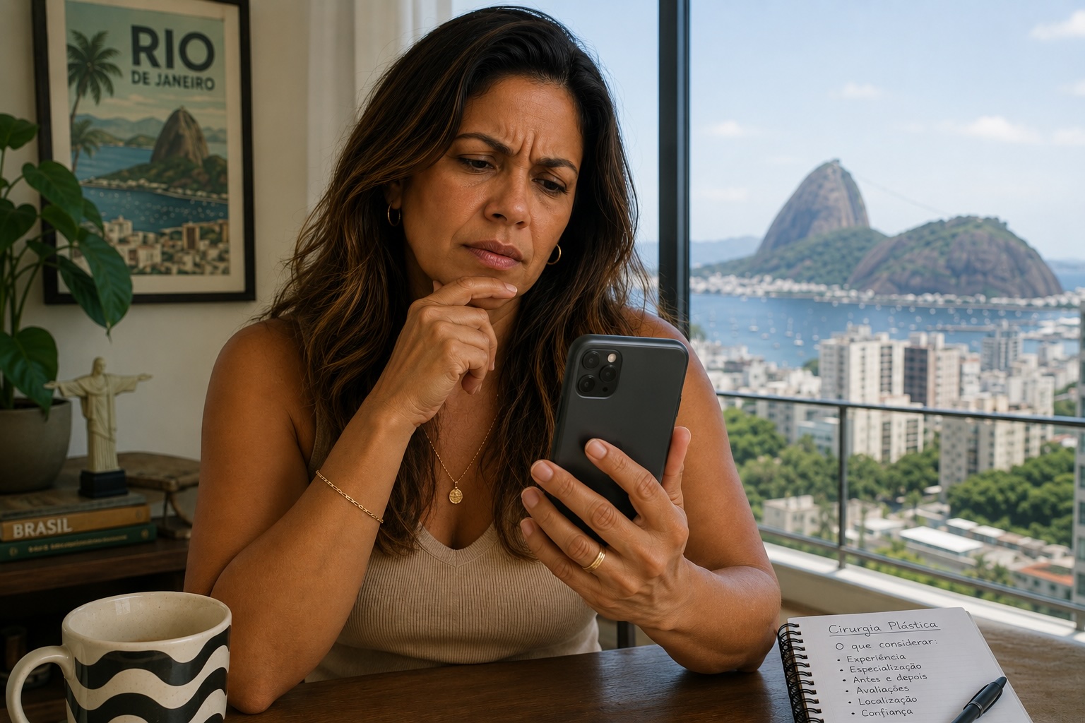 Como escolher um cirurgião plástico no Rio de Janeiro — paciente pesquisando credenciais CRM, RQE e SBCP em Ipanema, com o Pão de Açúcar ao fundo