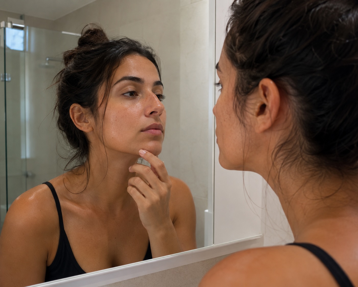 Rinoplastia no Rio de Janeiro — paciente avaliando o nariz no espelho antes da consulta com o Dr. Roger Domingos, cirurgião plástico em Ipanema