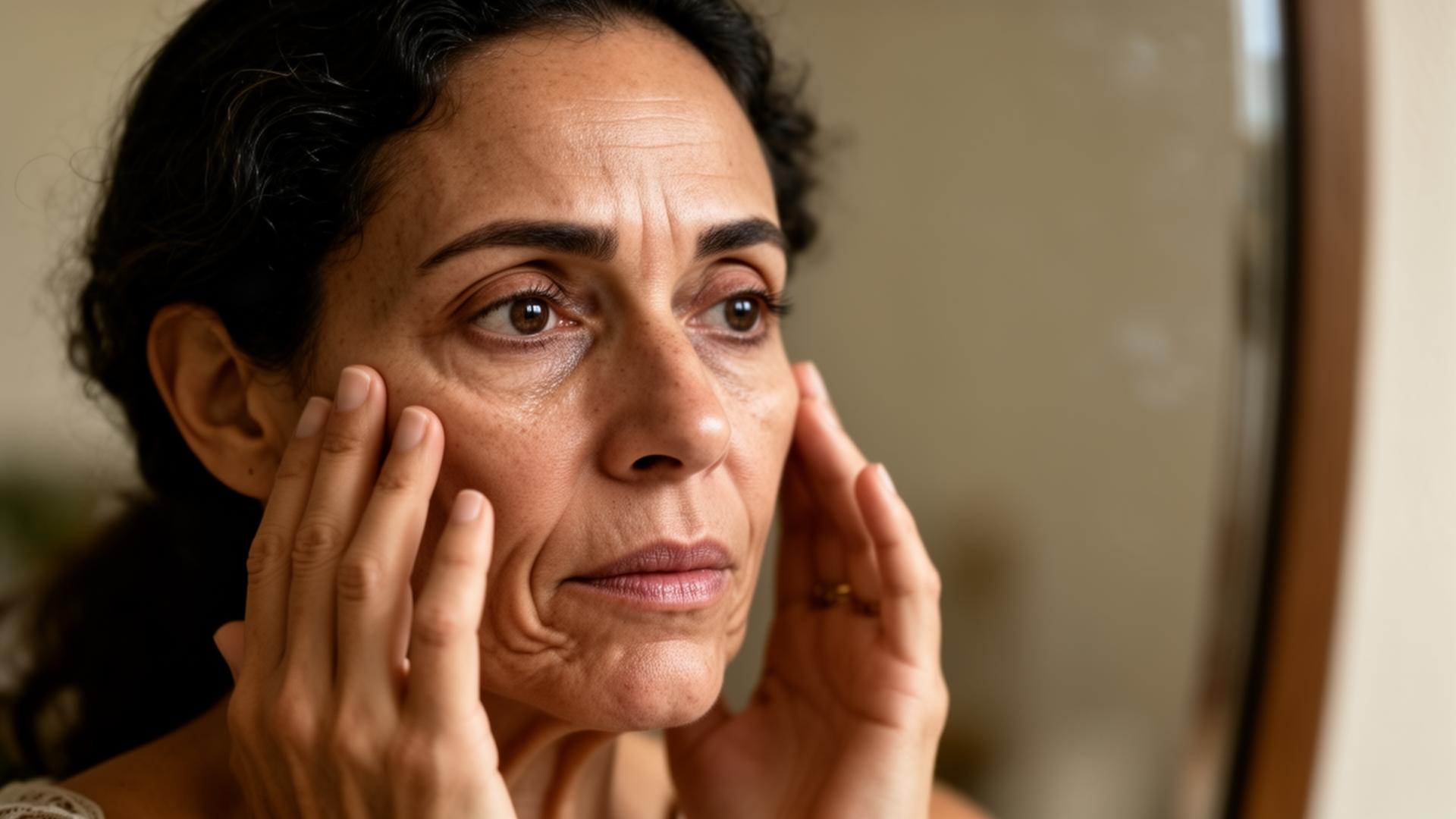Close-up de rosto feminino com bochechas encovadas e sulcos visíveis após emagrecimento — efeito conhecido como rosto de Ozempic