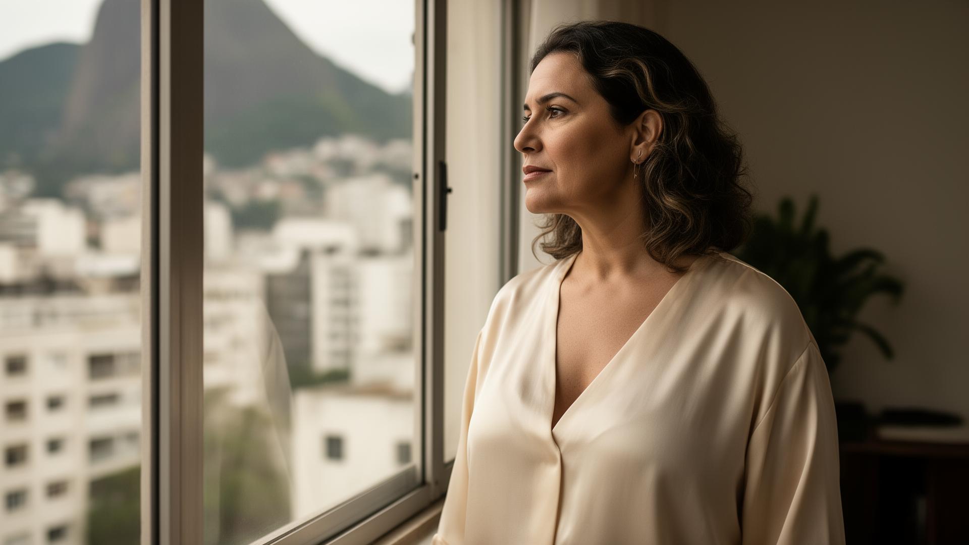 Mulher após emagrecimento com GLP-1 em apartamento no Rio de Janeiro, vestindo blusa de seda solta